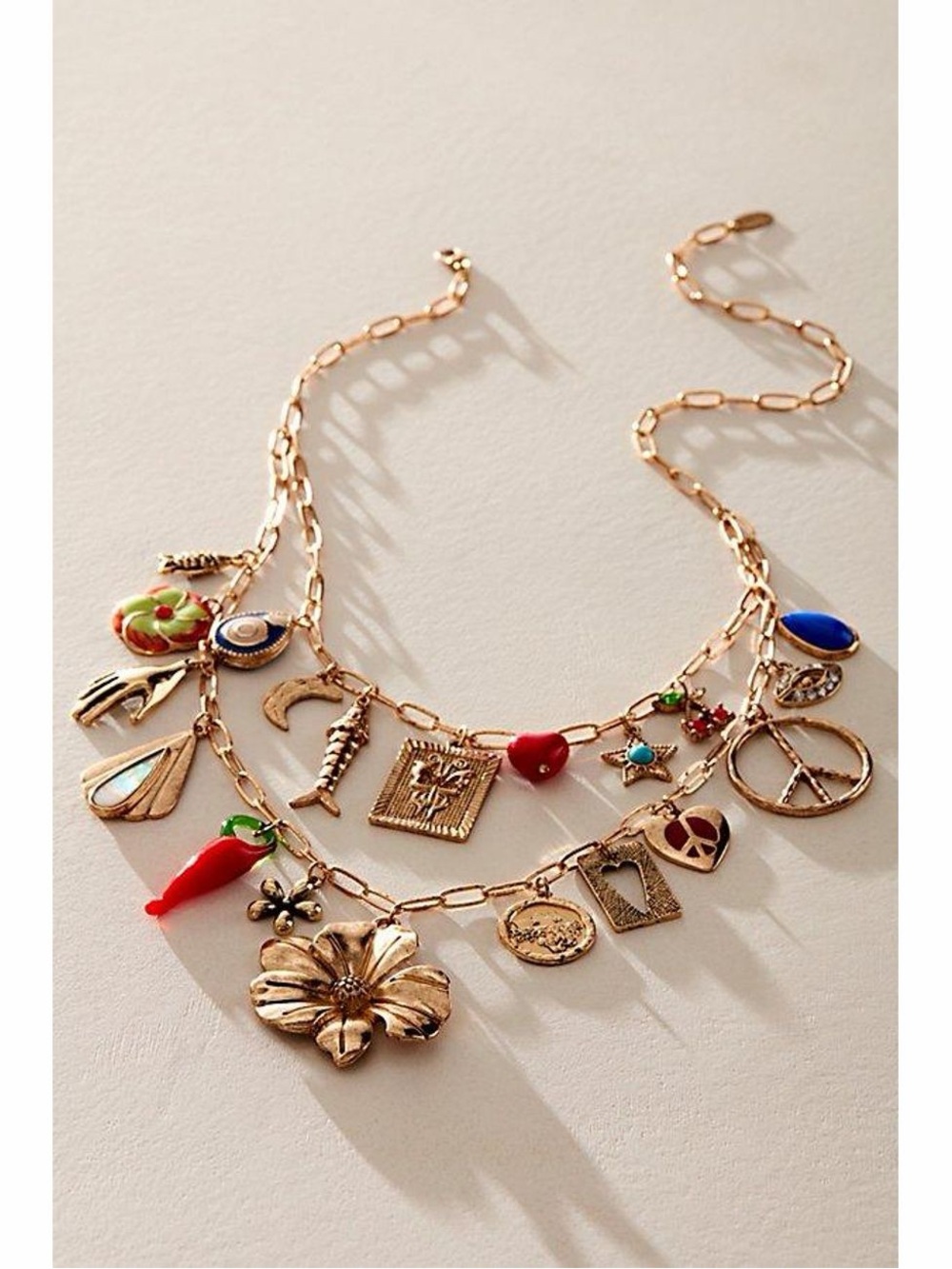 Free People Maxamillion Gold-Tone Multi Charm Necklace with Red & Blue Accents